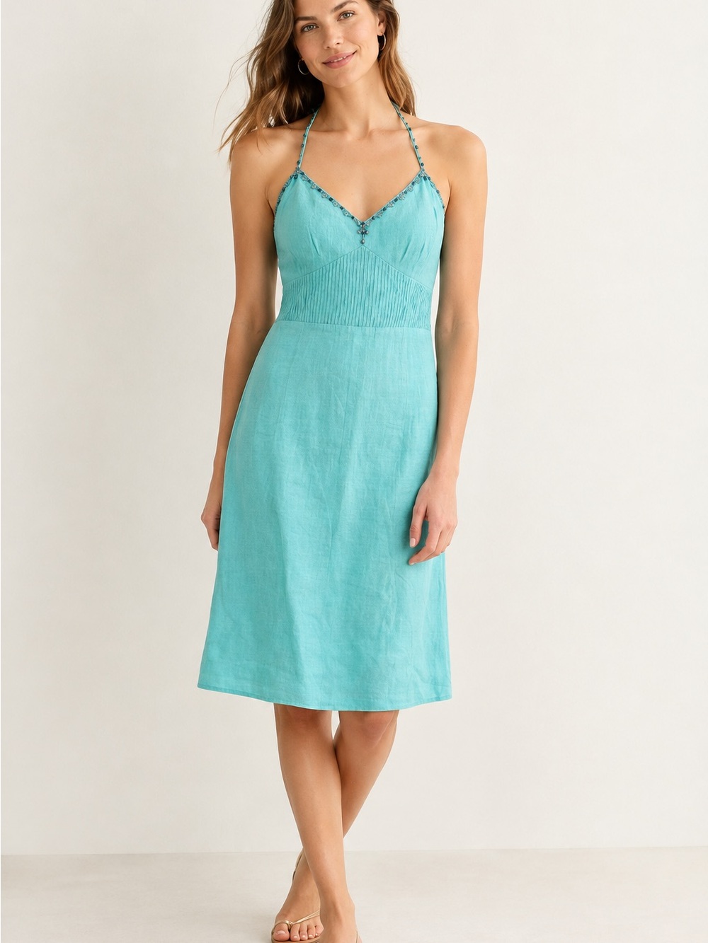 Ann Taylor 100% Linen Beaded Halter Dress Aqua Blue Size 8 NWT